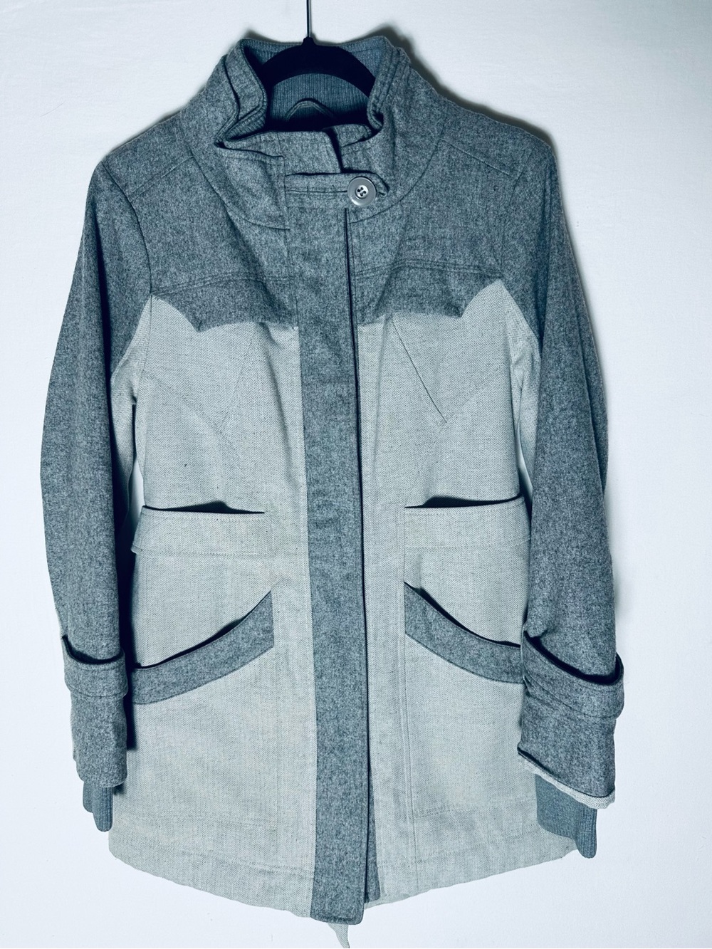 Three Stones Grey Multi Texture Wool Blend Hidden Zip Funnel Neck Coat Jacket M